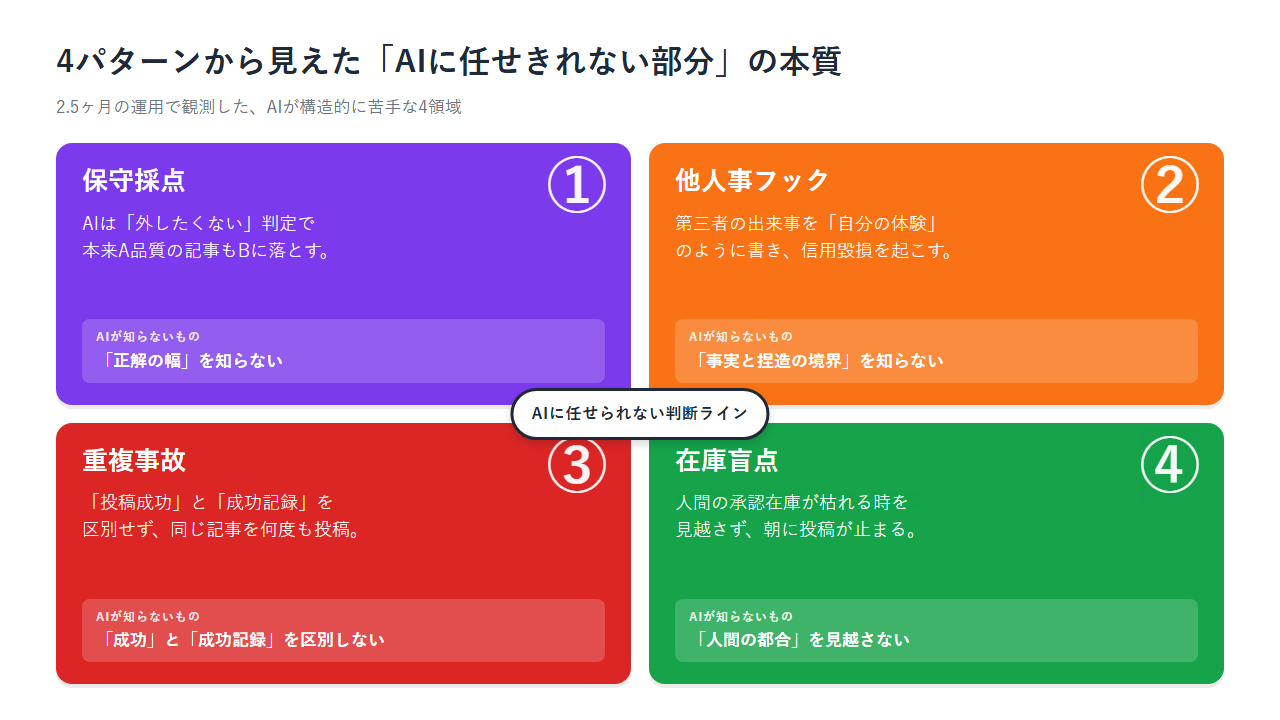 AIに任せられない4つのパターン｜保守採点・他人事フック・重複事故・在庫盲点（AIが知らないもの）