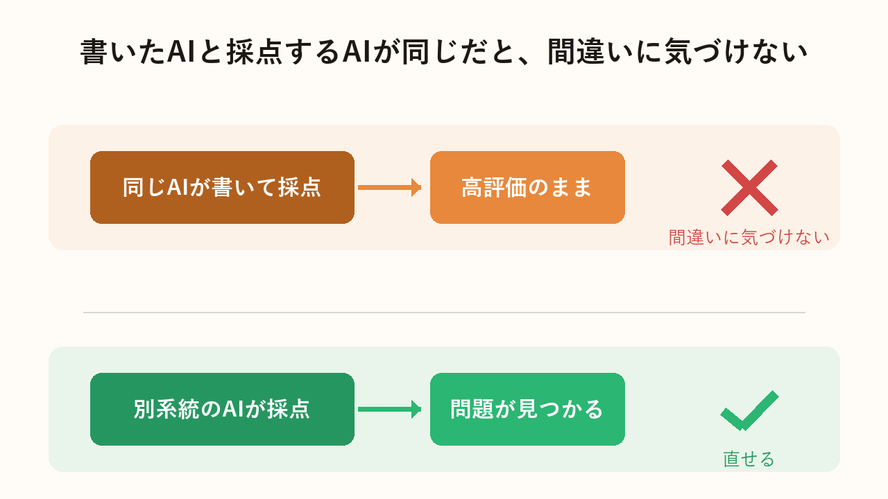 自己採点の罠の図。書き手と同じAIが採点すると高評価のまま誤りに気づけず、別系統のAIが採点すると問題が見つかることを示す比較